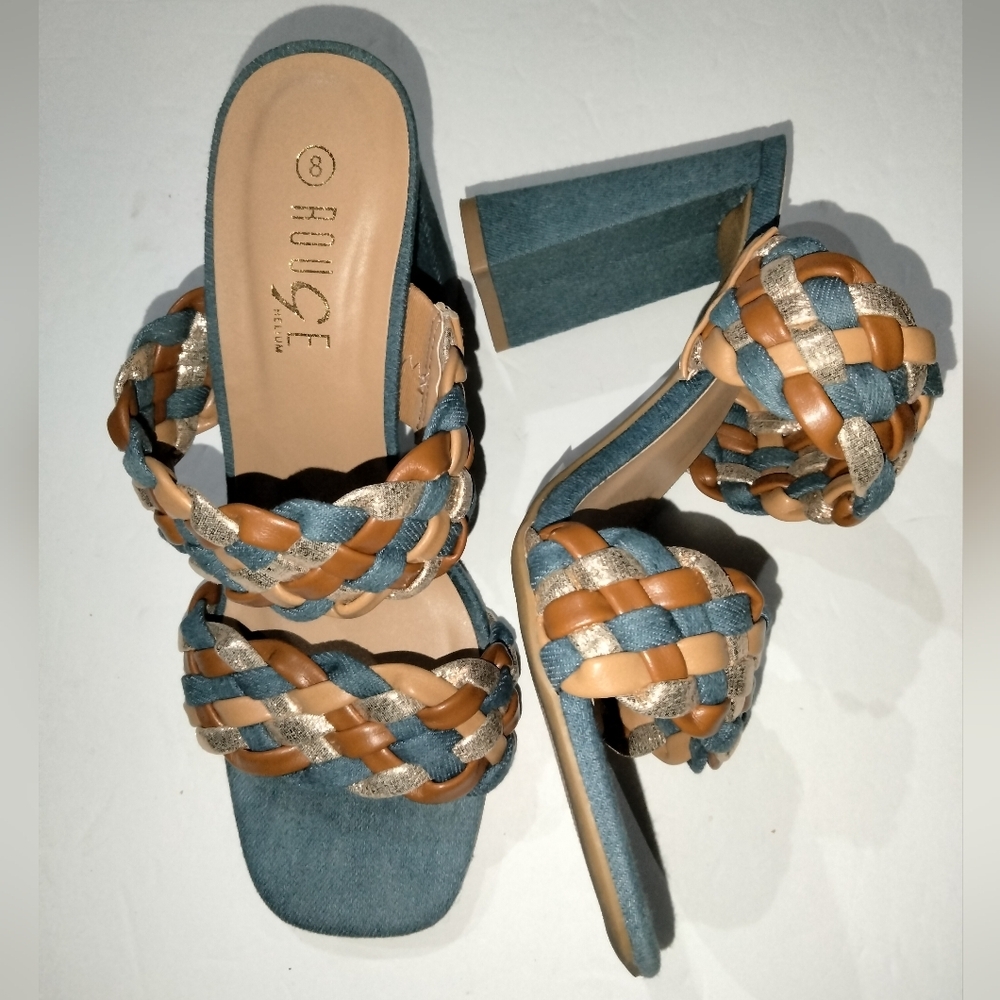 Rouge Helium (Size 8) Multicolored Braided Double Straps Open Toe Chunky Heels